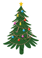 Decorated Christmas fur tree vector illustration isolated on white