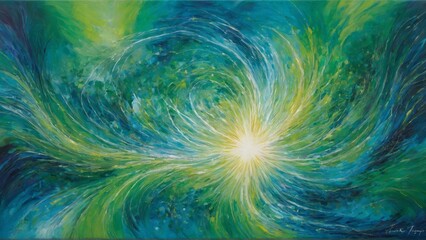 Art piece with swirling energy patterns in green and blue. Motion and fluidity captured in paint.