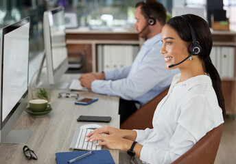 Woman, consultant and headset in call center office, typing and customer service or telemarketing...