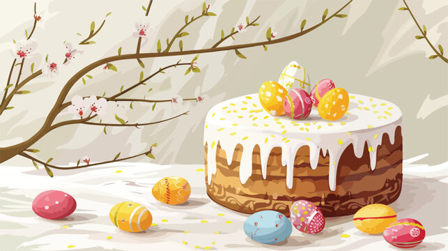 Tasty Easter cake and pussy willow branches on light