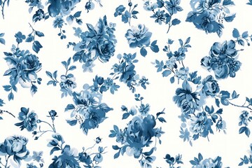 Vintage French Blue Floral,  Charming blue botanical fabric print, great for unique textil apparel and stylish, cozy home interiors. Seamless pattern, background.