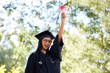 Excited, graduate or girl with certificate of graduation on campus with smile, pride or celebrate....