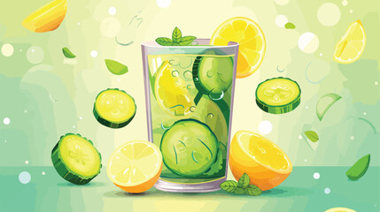 Glass of lemonade with cucumber and mint on colorful