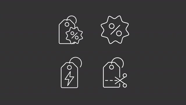 Animated price tags white icons. Sale related line animation library. Price reduction. Sale tag. Price cutting. Isolated illustrations on dark background. Transition alpha. HD video. Icon pack