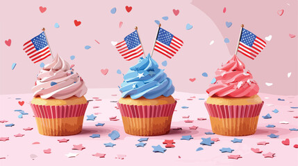 Tasty patriotic cupcakes with flags of USA on pink background