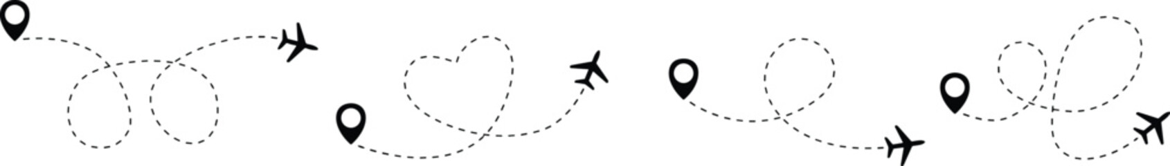 Airplane line path vector icon set of air plane flight route with start point and dash line trace. Various aircraft and destination location pins icons. Aircraft tracking, planes, travel, map