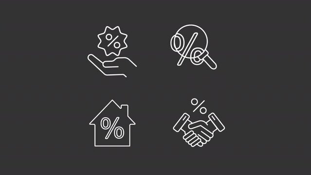Special deals white line animations. Animated sales related icons. Mortgage loan. Pricing agreement. Isolated illustrations on dark background. Transition alpha. HD video. Icon pack