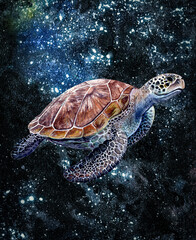 Kemps ridley sea turtle swimming in a fluid space like environment watercolor painting