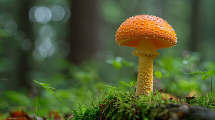 A bright orange mushroom is sitting on a patch of green moss