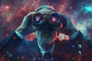 Evil boss observing a multiverse through mercury coated binoculars - obrazy, fototapety, plakaty