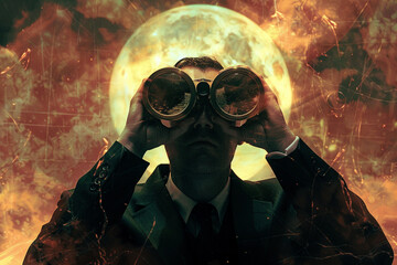 Evil boss observing a multiverse through mercury coated binoculars - obrazy, fototapety, plakaty
