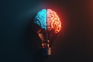 3d rendering of half brain and light bulb glowing on dark background