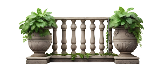 Balcony stone railing with green leaves isolated transparent background