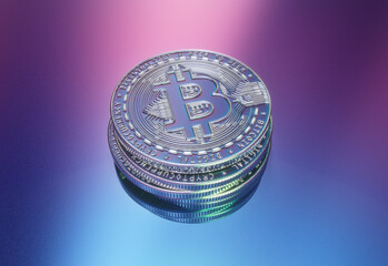A stack of Bitcoin coins lies on a minimalist, colorful, clean tech surface. Green reflections and...