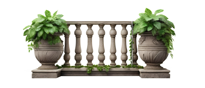 Balcony stone railing with green leaves isolated transparent background