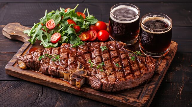 Savoring a delicious steak and fresh greens meal with dark beer on a rustic wooden board