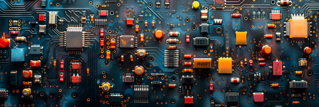 Abstract pictures are like electronic circuit boards,
Closeup of computer boards capacitors resistors processors
