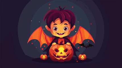 The boy vampire with wings smiling pumpkin glowing Vector