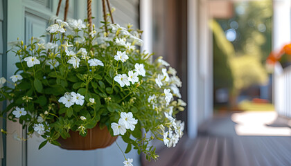 Profusely blooming white lobelia flower in hanging pot near door. Sunny morning