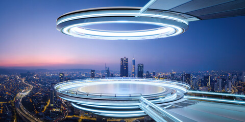 3D Modern city skyline with circular architectural structures at dusk