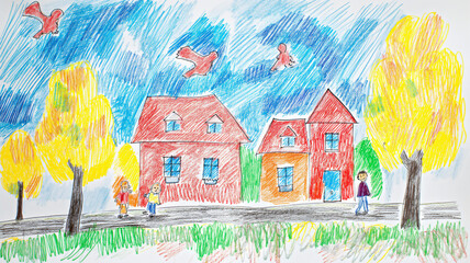 Child's drawing of two houses and trees with crayon birds in the sky.