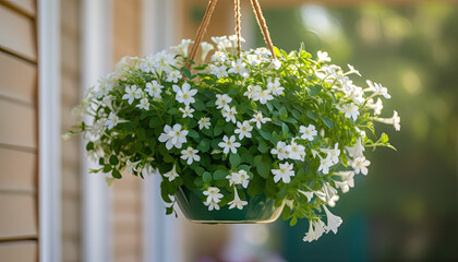 Profusely blooming white lobelia flower in hanging pot near door. Sunny morning - obrazy, fototapety, plakaty