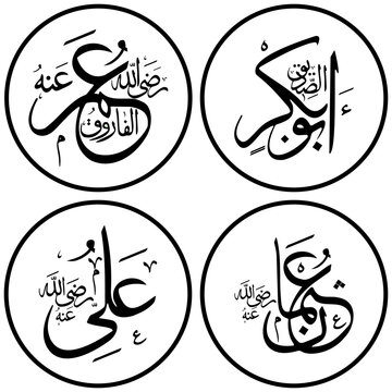 khulafaurrasyidin - Abu Bakar, Umar, Usman, Ali (Four Caliphs in Islam) Arabic Calligraphy Art. Vector design Black calligraphy isolated on White background. Editable EPS file.