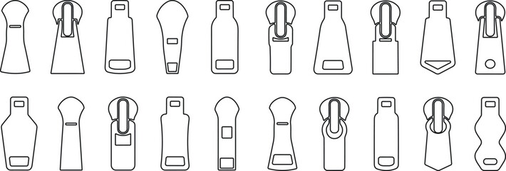 Set of different zippers. zipper pullers vector illustration zip heads, zipper slider line sketch collection