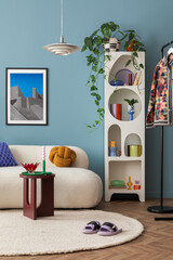 Interior desgin of modern living room interior with mock up poster frame, colorful decorations and...