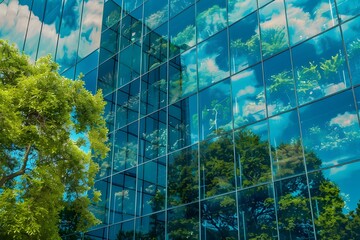 office buildings with sky reflection on it with trees and clouds AI generated