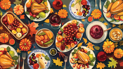 Greeting card for Thanksgiving Day with many dishes