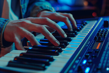 Fototapeta premium Close up image of person playing piano making music made by generative ai technology