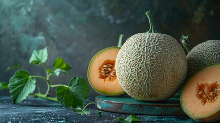 Obraz na płótnie Canvas Fresh Cantaloupe on dark background. Melon. Sweet. Nutritional. Copy space.