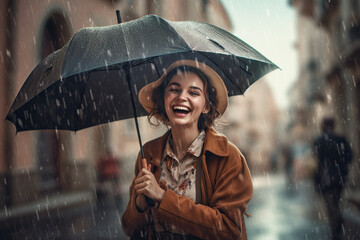 Cute Laughing Girl Under Umbrella In The Rain On A City Street