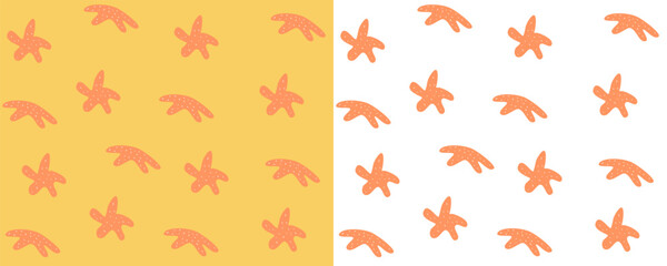Seamless pattern with starfish on an orange background, hand drawn. Wild inhabitants of the sea. For design and printing. Vector illustration isolated on white background in flat style.