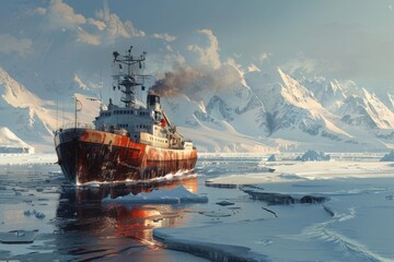 Icebreaker in the arctic waters - obrazy, fototapety, plakaty