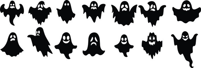 Ghost icon set Vector. Halloween concept, Cartoon Ghosts, black ghost with eyes, spooky character, ghoul or spirit monsters silhouettes with spooky faces. Horror holiday flying phantoms or nightmare - obrazy, fototapety, plakaty