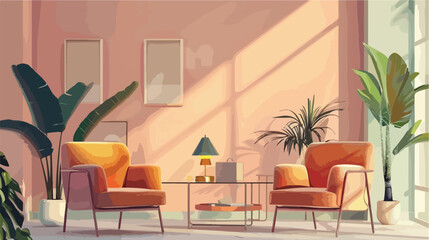 Group of minimalist interiors with stylish furniture