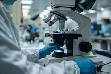 Scientist, laboratory assistant looking studying samples in a microscope