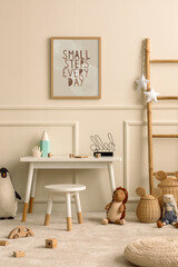 Creative composition of cozy kids room interior with mock up poster frame, beige wall with stucco,...