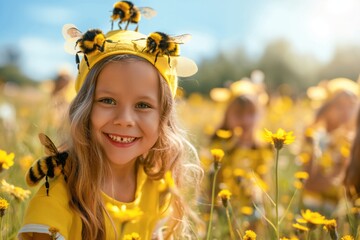 Little happy blonde girl is playing games dressed in bee costumes. Sunny day in the meadow. Bee day, 20 May. 