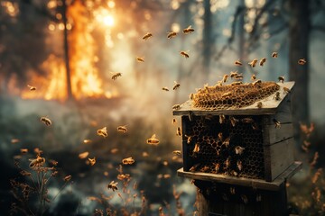 A hive from which bees fly out, there is a fire in the forest on background. Forest fire problem, global warming, extinction threat. Bee day, 20 may. 