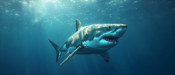 Fototapeta premium Great white shark with jaws open in attack mode swimming in ocean. Concept Wildlife Photography, Ocean Predators, Underwater World, Marine Life, Dangerous Encounters