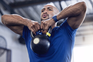 Man, kettlebell or weight in gym for training, fitness and exercise to gain muscle for health,...