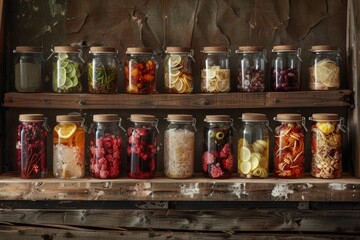 Variety of preserved foods in glass jars on wooden shelves