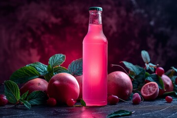 Mockup pink lemonade glass bottle with greipfruit around on a dark pink lighting background. Copy space. Low key photo. Template for your design, space for packaging.