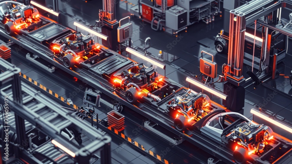 Poster a futuristic factory with robots working on cars