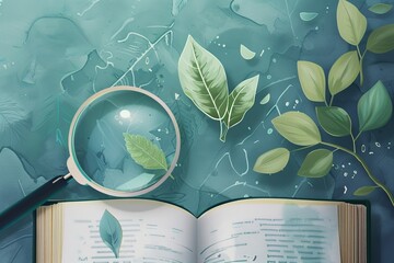 Open book with magnifying glass on illustrated colorful foliage background - obrazy, fototapety, plakaty