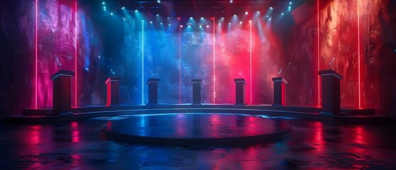 Elaborate game show set with podiums buzzers and audience for contestants. Concept Game Show, Set Design, Podiums, Buzzers, Audience Participation - obrazy, fototapety, plakaty