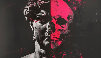 Black and white statue with vivid pink skull overlay